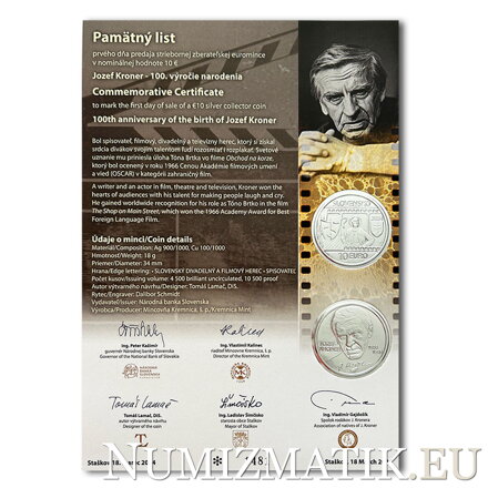 Commemorative Certificate 10 EURO/2024 - 100th anniversary of the birth of Jozef Kroner