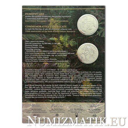 Commemorative Certificate 10 EURO/2024 - 250th anniversary of the birth of Jozef Dekret Matejovie