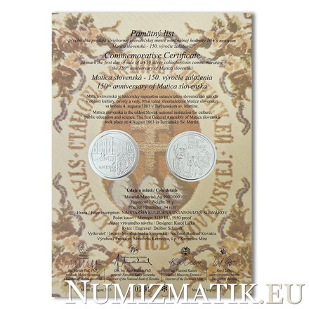 Commemorative Certificate 10 EURO/2013 - 150th anniversary of Matica slovenská