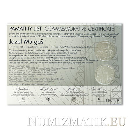 Commemorative Certificate 10 EURO/2014 - Jozef Murgaš – 150th anniversary of the birth