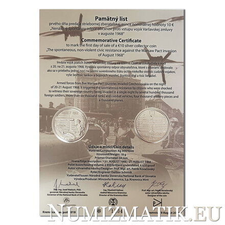 Pamätný list 10 EURO/2018 - Nenásilný spontánny odpor občanov proti vstupu vojsk Varšavskej zmluvy v auguste 1968