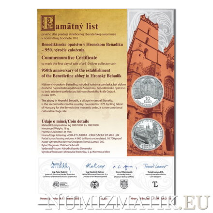 Pamätný list 10 EURO/2025 - Benediktínske opátstvo v Hronskom Beňadiku - 950. výročie založenia