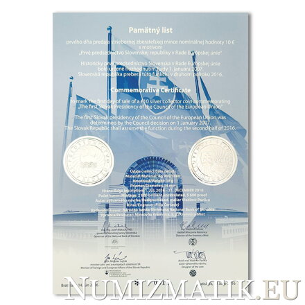 Commemorative Certificate 10 EURO/2016 - The first Slovak Presidency of the Council of the European Union