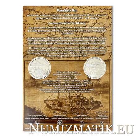 Commemorative Certificate 10 EURO/2018 - 200th anniversary of the first time a steamer sailed on the Danube River in Bratislava