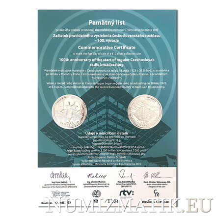 Pamätný list 10 EURO/2023 - Začiatok pravidelného vysielania československého rozhlasu - 100. výročie