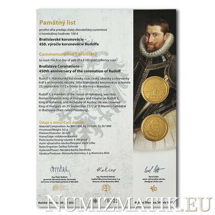 Commemorative Certificate 100 EURO/2022 - Bratislava coronations – 450th anniversary of the coronation of Rudolf