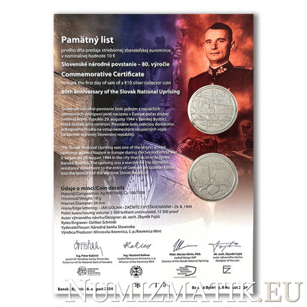 Pamätný list 10 EURO/2024 - Slovenské národné povstanie - 80. výročie