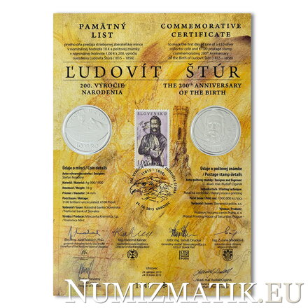 Commemorative Certificate 10 EURO/2015 - Ľudovít Štúr - the 200th Anniversary of the birth