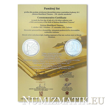 Commemorative Certificate 10 EURO/2017 - Božena Slančíková Timrava – 150th anniversary of the birth