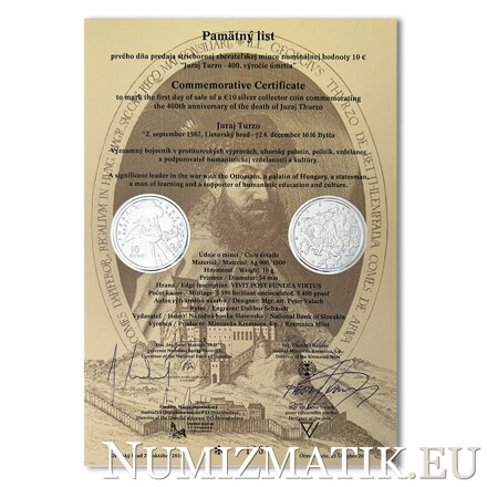 Commemorative Certificate 10 EURO/2016 - Juraj Turzo - 400th anniversary of the death