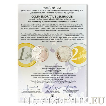 Commemorative Certificate 10 EURO/2019 - 10th anniversary of the introduction of the euro in Slovakia