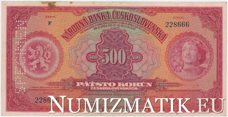 500 Kč/1929 - séria F, 1x SPECIMEN zvisle vľavo