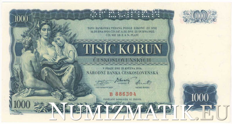 1000 Kč/1934 séria B, 1x SPECIMEN