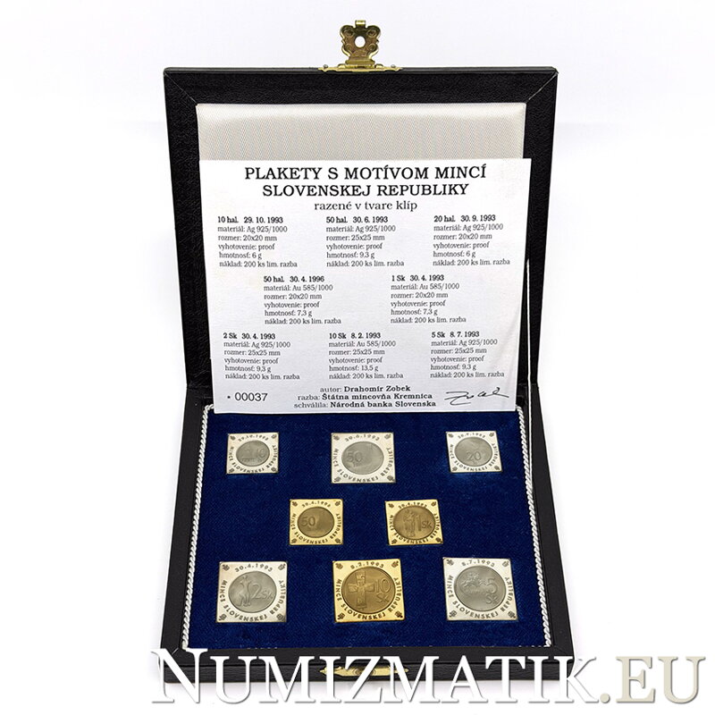 Plakety s motívom mincí Slovenskej republiky - zlaté a strieborné klipy v etui