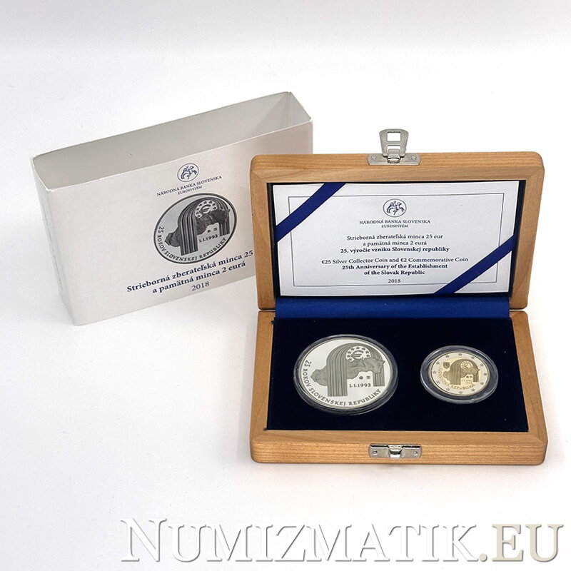 2 EURO + 25 EURO/2018 - Slovenská republika – 25. výročie vzniku, dvojička v drevenej etui 2 EURO + 25 EURO/2018 - Slovenská republika – 25. výročie vzniku, dvojička v drevenej etui