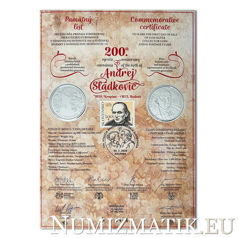 Commemorative Certificate 10 EURO/2020 - Andrej Sládkovič - 200th anniversary of the birth
