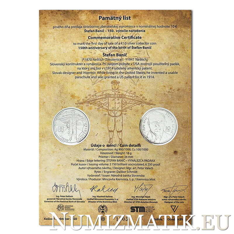 Pamätný list 10 EURO/2020 - Štefan Banič - 150. výročie narodenia Pamätný list 10 EURO/2020 - Štefan Banič - 150. výročie narodenia