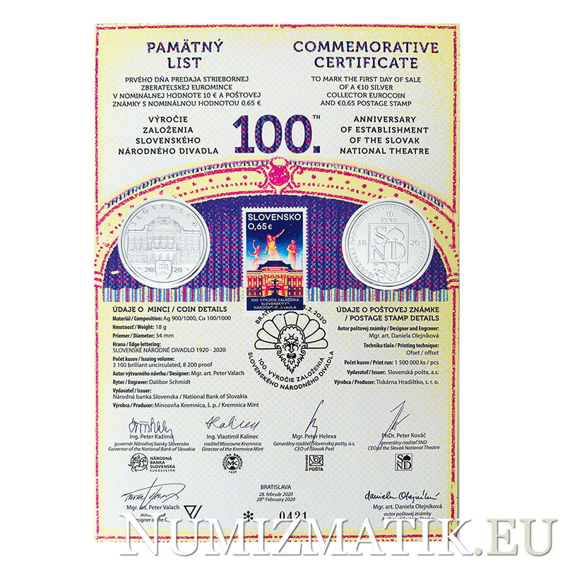 Commemorative Certificate 10 EURO/2020 - 100th anniversary of the Slovak National Theatre Commemorative Certificate 10 EURO/2020 - 100th anniversary of the Slovak National Theatre