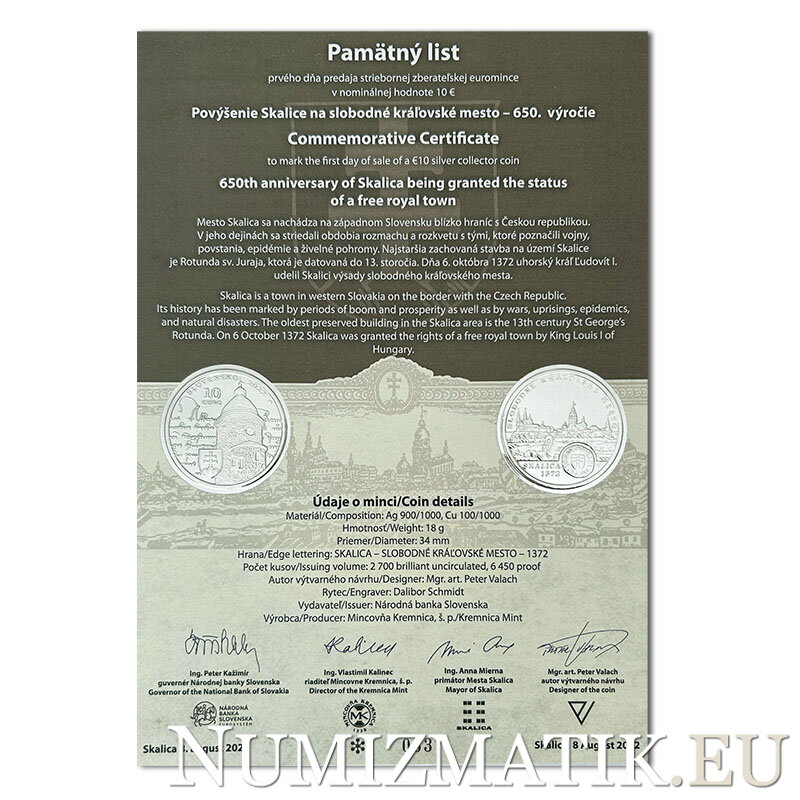 Commemorative Certificate 10 EURO/2022 - 650th anniversary of Skalica being granted the status of a free royal town
