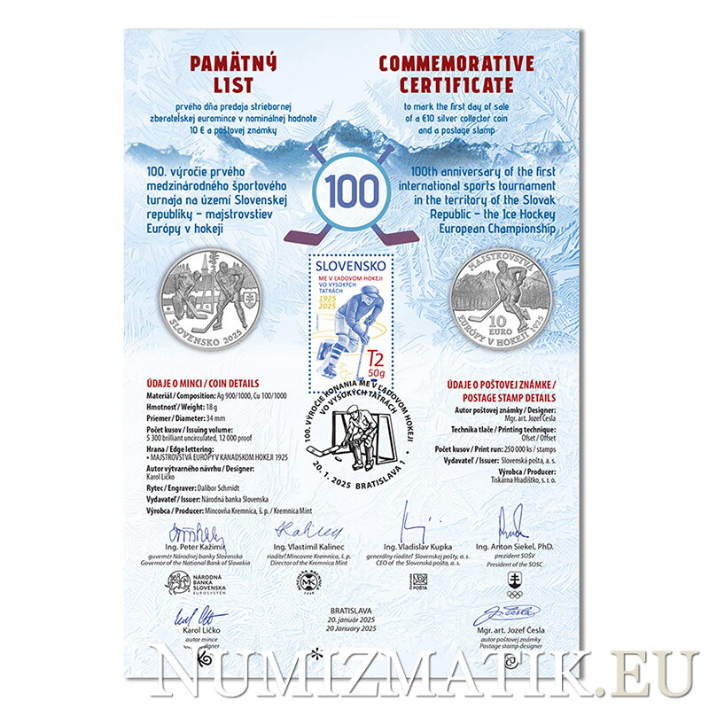 Commemorative Certificate 10 EURO/2025 - The Ice Hockey European Championship - 100th anniversary of the first international sports tournament in the territory of the Slovak Republic