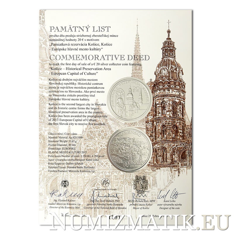 Pamätný list 20 EURO/2013 - Košice, pamiatková rezervácia