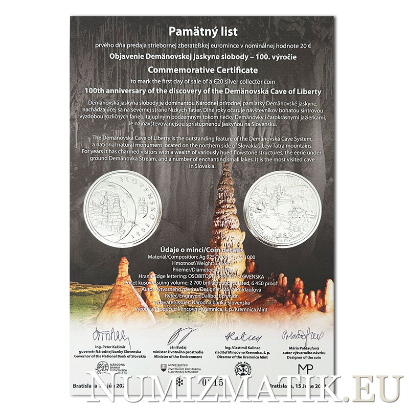 Commemorative Certificate 20 EURO/2021 - 100th anniversary of the discovery of the Demänovská Cave of Liberty