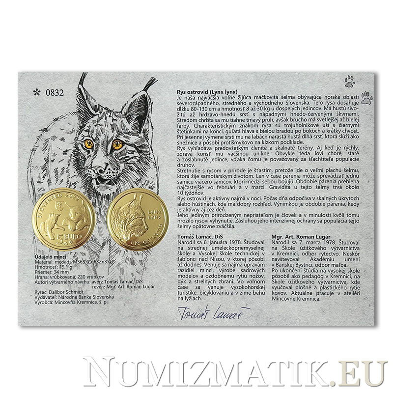 Autorská karta 5 EURO/2022 - Rys ostrovid - fauna a flóra na Slovensku