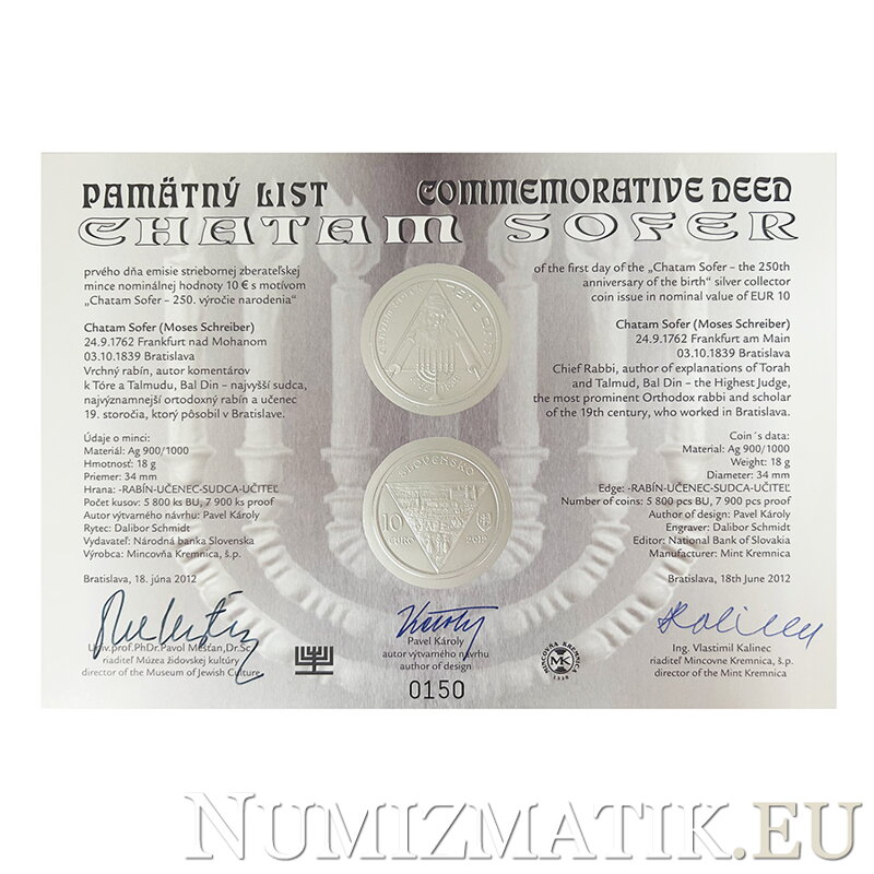 Pamätný list 10 EURO/2012 - Chatam Sofer – 250. výročie narodenia
