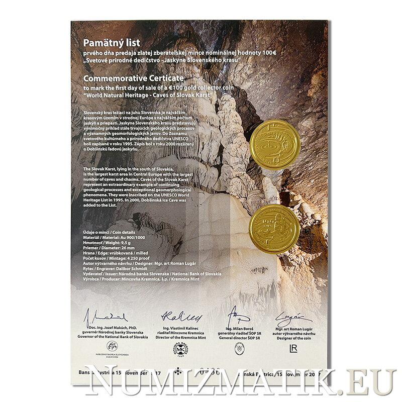 Pamätný list 100 EURO/2017 - Svetové prírodné dedičstvo – Jaskyne Slovenského krasu