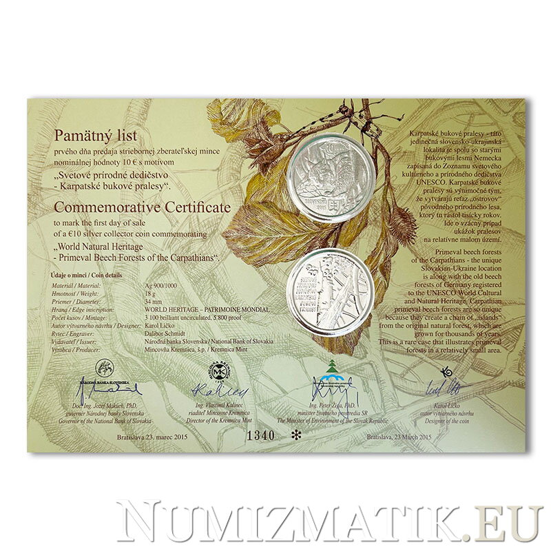 Pamätný list 10 EURO/2015 - Karpatské bukové pralesy - Svetové prírodné dedičstvo Pamätný list 10 EURO/2015 - Karpatské bukové pralesy - Svetové prírodné dedičstvo