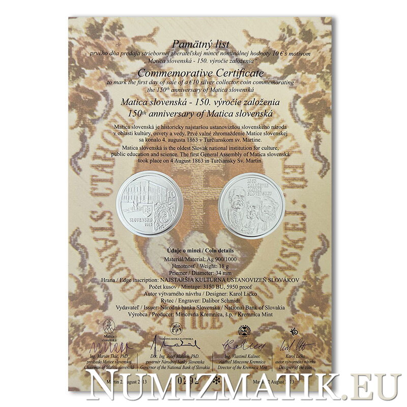 Commemorative Certificate 10 EURO/2013 - 150th anniversary of Matica slovenská
