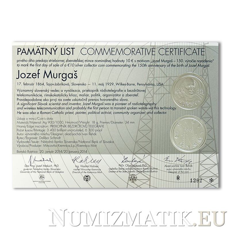 Commemorative Certificate 10 EURO/2014 - Jozef Murgaš – 150th anniversary of the birth
