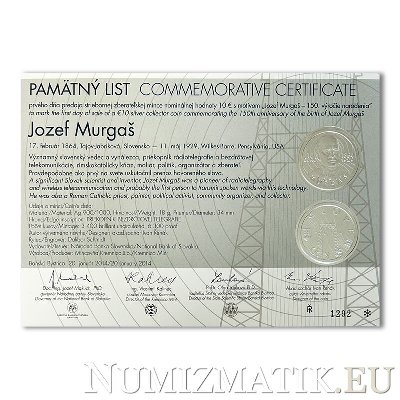 Pamätný list 10 EURO/2014 - Jozef Murgaš – 150. výročie narodenia