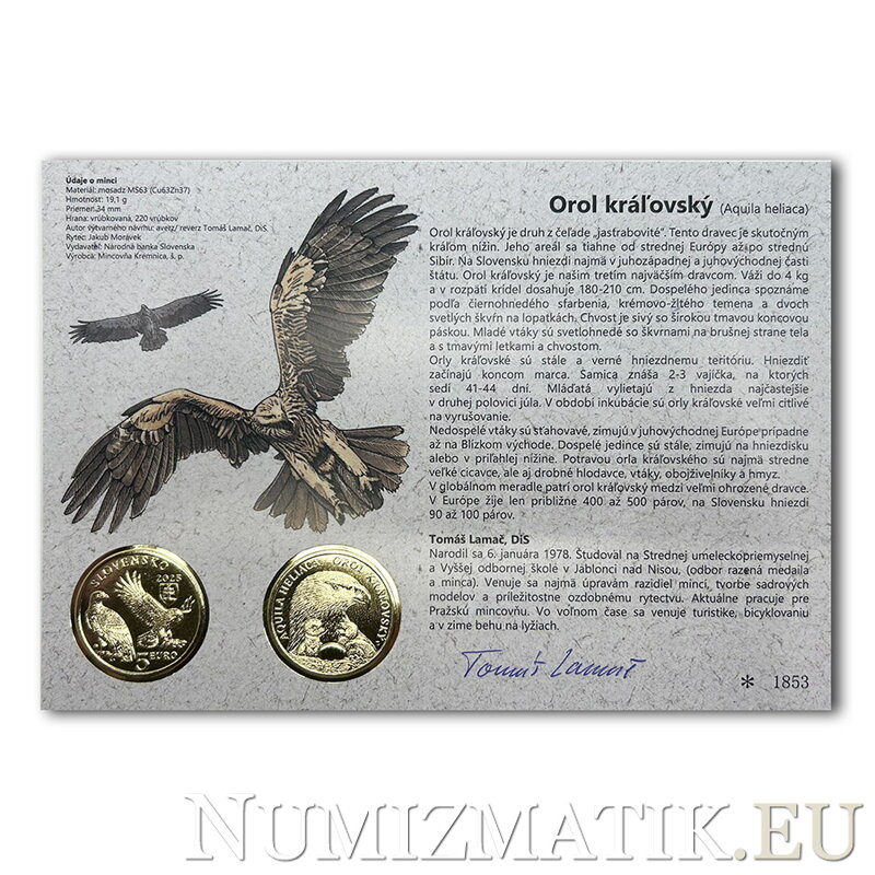 Autorská karta 5 EURO/2025 - Orol kráľovský - fauna a flóra na Slovensku Autorská karta 5 EURO/2025 - Orol kráľovský - fauna a flóra na Slovensku