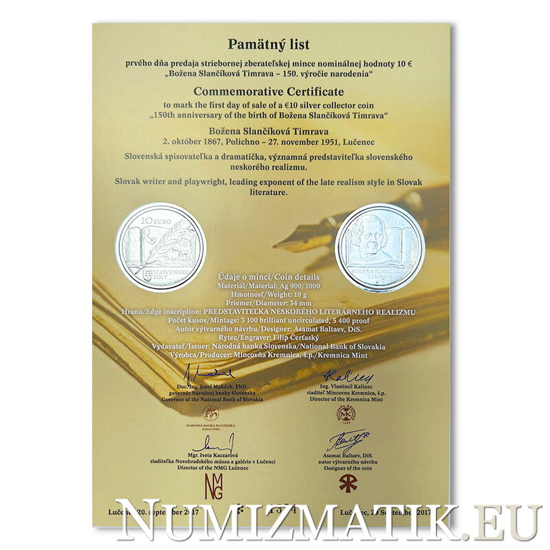 Commemorative Certificate 10 EURO/2017 - Božena Slančíková Timrava – 150th anniversary of the birth