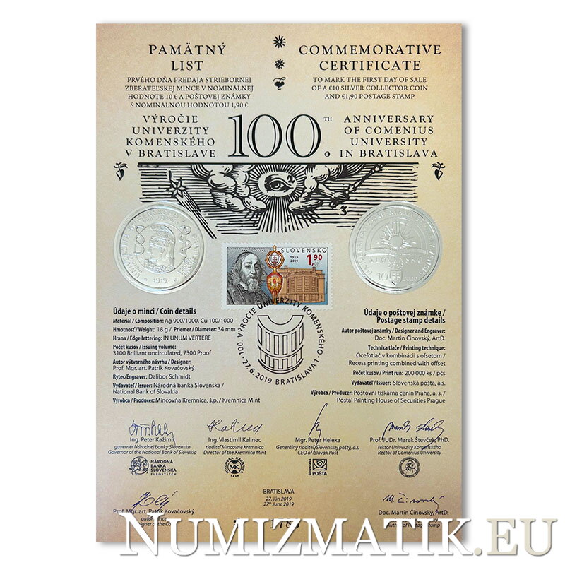 Commemorative Certificate 10 EURO/2019 - 100th anniversary of Comenius University in Bratislava