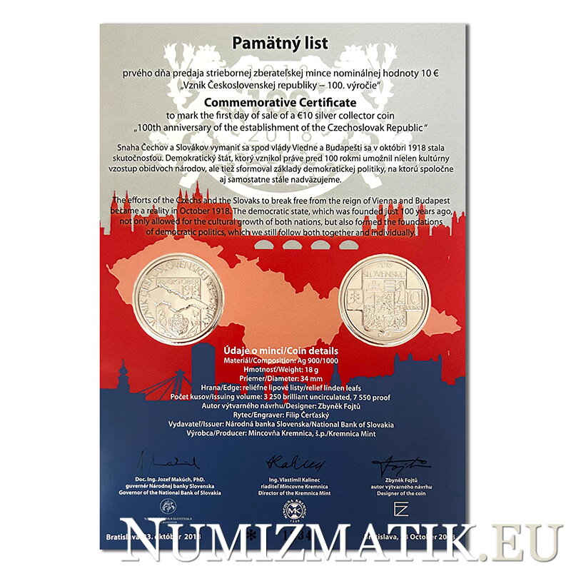Pamätný list 10 EURO/2018 - 100. výročie vzniku Československej republiky