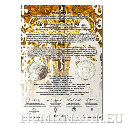 Pamätný list 10 EURO/2018 - Uznanie slovanského liturgického jazyka - 1150. výročie