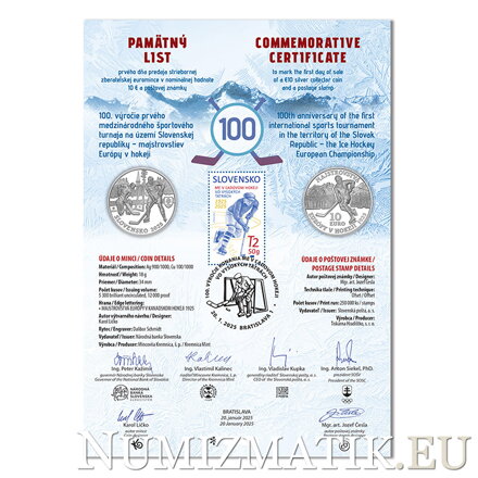 Pamätný list 10 EURO/2025 - Majstrovstvá Európy v hokeji - 100. výročie prvého medzinárodného športového turnaja na území SR