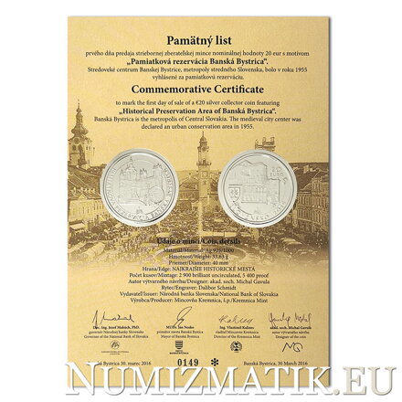 Commemorative Certificate 20 EURO/2016 - Banská Bystrica Heritage Site