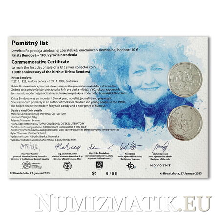 Pamätný list 10 EURO/2023 - Krista Bendová - 100. výročie narodenia