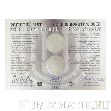Pamätný list 10 EURO/2012 - Chatam Sofer – 250. výročie narodenia