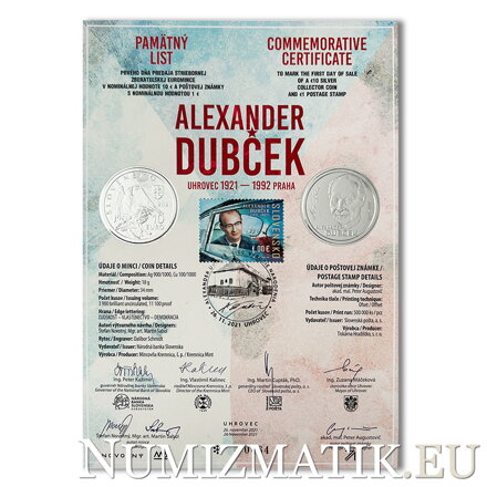 Pamätný list 10 EURO/2021 - Alexander Dubček - 100. výročie narodenia
