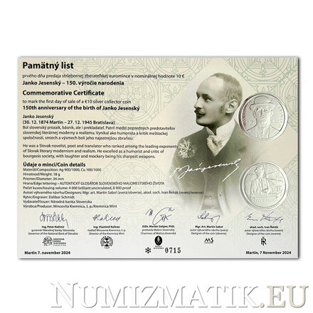 Pamätný list 10 EURO/2024 - Janko Jesenský - 150. výročie narodenia