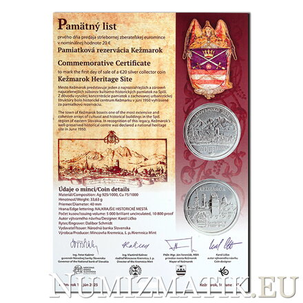 Commemorative Certificate 20 EURO/2025 - Kežmarok Heritage Site