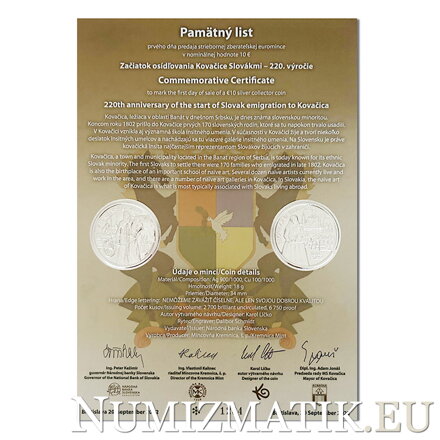 Commemorative Certificate 10 EURO/2022 - 220th anniversary of the start of Slovak emigration to Kovačica