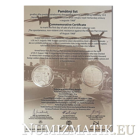 Pamätný list 10 EURO/2018 - Nenásilný spontánny odpor občanov proti vstupu vojsk Varšavskej zmluvy v auguste 1968