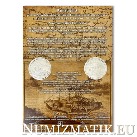 Pamätný list 10 EURO/2018 - Plavba prvého parníka na Dunaji v Bratislave - 200. výročie