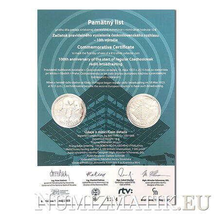 Pamätný list 10 EURO/2023 - Začiatok pravidelného vysielania československého rozhlasu - 100. výročie