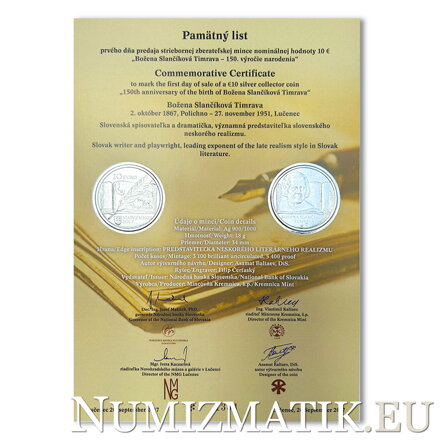 Pamätný list 10 EURO/2017 - Božena Slančíková Timrava – 150. výročie narodenia